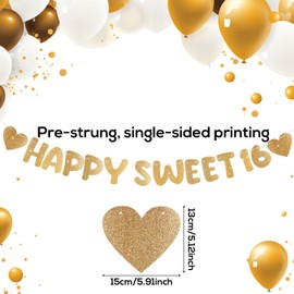 Happy Sweet 16 Banner, Gold Pre-Strung Sweet Sixteen Party Decorations Glitter Cute 16th Birthday Party Sign for Girls Sixteenth Birthday Supplies Decor for Birthday Bachelorette Party Photo Props