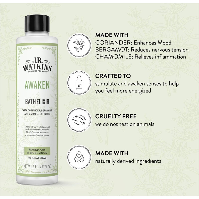 J.R. Watkins Awaken Bath Elixir, Liquid Bath Soak, Rosemary &