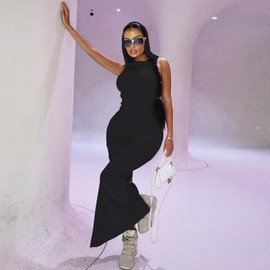 Women's Sexy Sleeveless Hoodie Maxi Dress Back Split Hooded Bodycon Long Dress Party Club Outfit Black