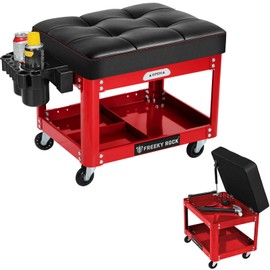 FREEKYROCK Rolling Mechanic Stool with Wheels, Garage Rolling Shop Stool with 2 Layer Repair Tools Tray, Padded 360°Swivel Automotive Roller Creeper Seat Shop Chair, Heavy Duty, 330 LBS Capacity, Red
