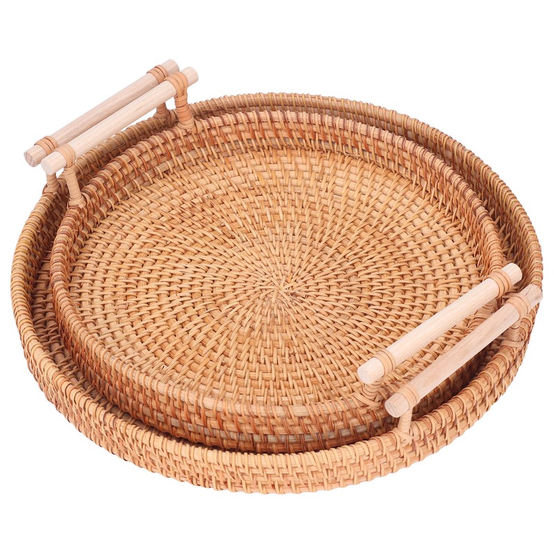 2PCS Hand Woven Rattan Tray Round Serving Tray Tea Fruit