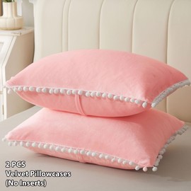 LIFEREVO Luxury Pompoms Velvet Bed Pillowcases Set of 2, Boho Fringe Plush Flannel Long Throw Pillow Covers, Cute Bedding Pillow Cases Pillow Shams with Zipper Closure for Home Decor(Pink, King Size)