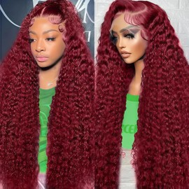 200 Density Burgundy Lace Front Wigs Human Hair 13x6 HD Deep Wave Lace Front Wigs Human Hair Pre Plucked with Baby Hair 99J Red Colored Deep Curly Lace Frontal Wigs Glueless Wig for Women 24inch