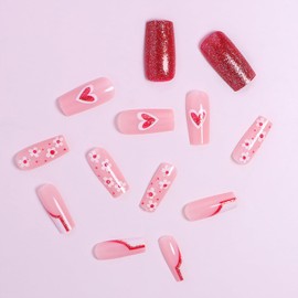 Vezocim Valentine's Day Press on Nails Square Medium 24Pcs Glossy Full Cover Coffin Fake Nails with Red Heart Flower Designs Artificial Acrylic False Nails Sets Medium Square Fingernails for Women