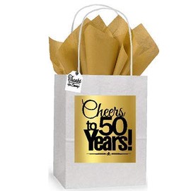 Celebrate Next 50th Cheers Birthday/Anniversary White and Gold Themed Small Party Favor Gift Bags Tags -12pack