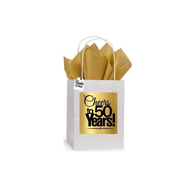 Celebrate Next 50th Cheers Birthday/Anniversary White and Gold Themed Small Party Favor Gift Bags Tags -12pack
