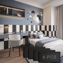 YLL YLL Peel and Stick Headboard Black Upholstered Wall Panels Pack of 4 Panels 3D Anti-Collision Wall Padding Wall Mounted headboard Soundproof Wall Panels