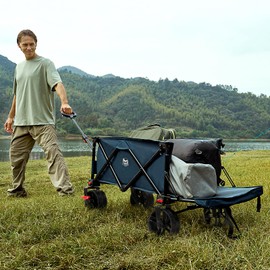 Timber Ridge Beach Wagon with Tailgate, 550lbs Heavy Duty Collapsible Wagon with All-Terrain Big Brakes Wheels, Foldable Utility Cart for Sand Sports Shopping, Blue