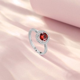 INFUSEU January Birthstone Ring Red Stone Garnet Rings for Women Sterling Silver 925 Fashion Crystal Jewelry Gifts Adjustable Size 7 6 8 Stackable Stacking Small Birthday Valentines Mothers Day