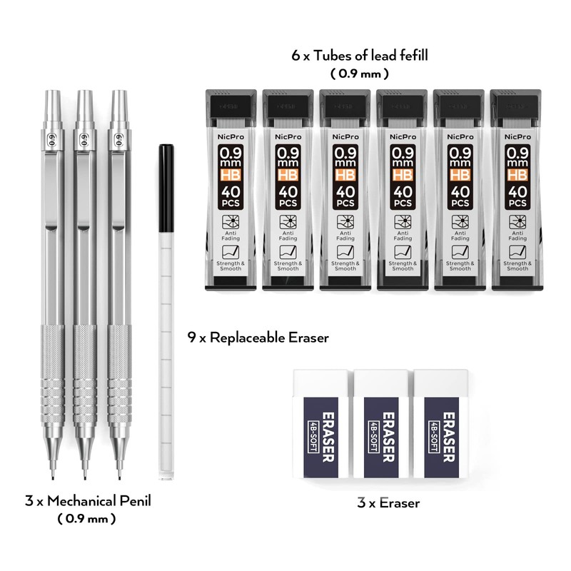 Nicpro 0.9 mm Mechanical Pencils Set, 3 Pieces Metal Automatic