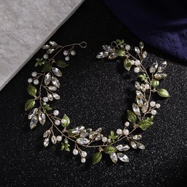 Octwine Golden Pearl Rhinestones Hair Vine for Bride Green Leaf Crystal Wedding Headpiece Handmade Headband Bridal Hair Piece Accessories for Women