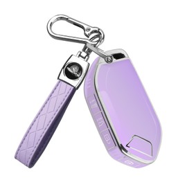 QBUC for Kia Key fob Cover,Soft TPU 360°Car Key Case Protector with Leather Keychain Compatible with Kia Telluride 2023/2024 5 Buttons Smart Key (Purple)
