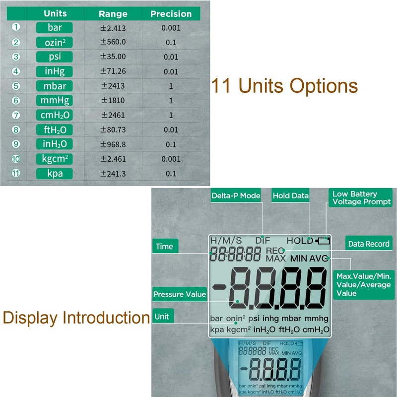 VIVANTECH VA110 Manometer HVAC Gas Pressure Tester Pressure Differential Gauge