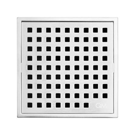 QM Square Shower Drain, Removable Grate made of Stainless Steel Marine 316 and Base made of ABS, Lagos Series Mira Line, 4 inch, Polished Finish, Kit includes Hair Trap/Strainer and Key