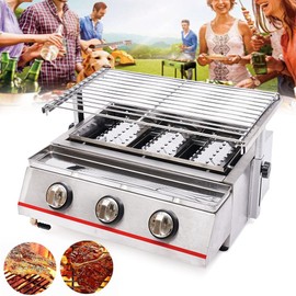 Fluoxtine Tabletop 3 Burners Grill, LPG Gas Grill Portable Steel Outdoor Camp Stove with Steel Shield for Backyard, Garden, Courtyard, Terrace and Balcony of the Family, Silver