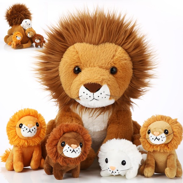 Honoson 5 Pcs Lion Plush Set 14 Inch Daddy Lion Stuffed Animal with 4 Cute Baby Lions in His Zippered Back Soft Cuddly Lion Plushie for Boys Girls Birthday Favors Gifts Forest Party Decor