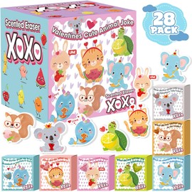 OutsatalinX Scented Valentines Erasers for Kids - 28 PACK Animal Scented Erasers with Valentines Boxes, Valentine Exchange Cards for School Classroom, Valentines Party Favors, valentine gifts for kids