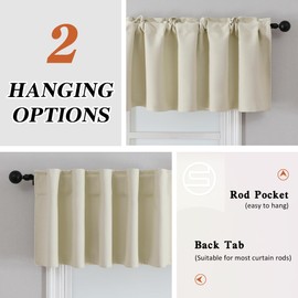 SeeGlee Cream Beige Back Tab & Rod Pocket Short Window Valance for Living Room, 42 Inches Wide by 14 Inches Long 2 Panels Room Darkening Privacy Kitchen Valances