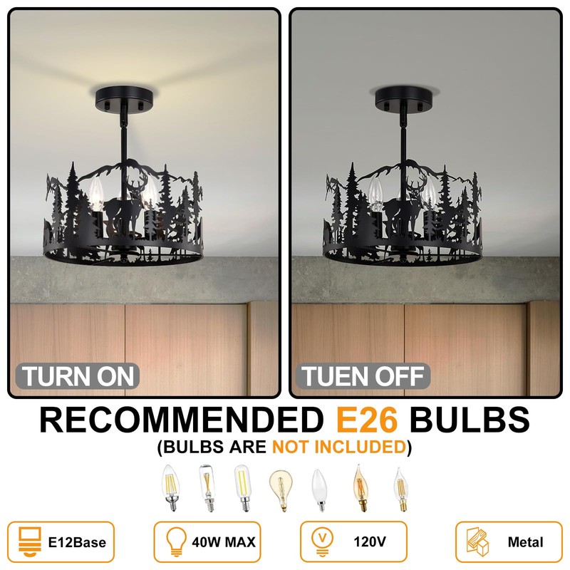 Rustic Semi Flush Mount Ceiling Light,3-Light E12 Base Living Room