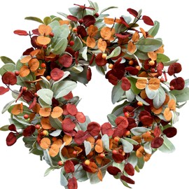CIR OASES Artificial Fall Wreath for Front Door, Autumn Door Wreath with Lambs Ears Leave Eucalyptus Leaves Berry,Fall Wreath for Indoor Outdoor Farmhouse Home Wall Window Festival Wedding Decor