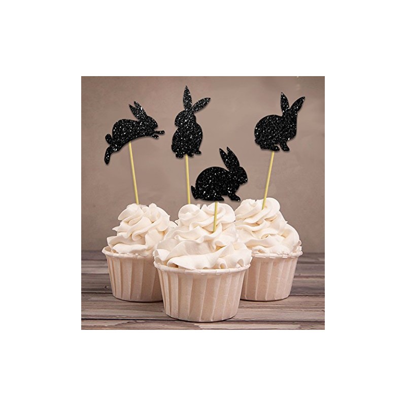 Darling Souvenir, Glitter Black Easter Bunny Rabbit Cupcake Toppers Dessert