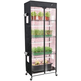 WORTH Mini Greenhouse with LED Grow Lights & Digital Thermo-Hygrometer – Portable Indoor Plant Grow Tent with Oxford Fabric Cover, Adjustable Shelves, Casters & Ventilation Flaps for Seed Starting