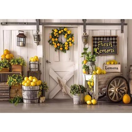 XMJJKUF 10x8ft Summer Fresh Lemon Shop Backdrops for Photography Rustic White Wood Door Wall Italy Lemonade Background Baby Shower Birthday Party Decor Photo Studio Props