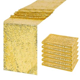 HMQIANG 6 Pack Gold Sequin Table Runners, 12x72 inch Sparkle Glitter Table Runner Dinner Party Supplies Fabric for Baby Shower Holiday Celebration