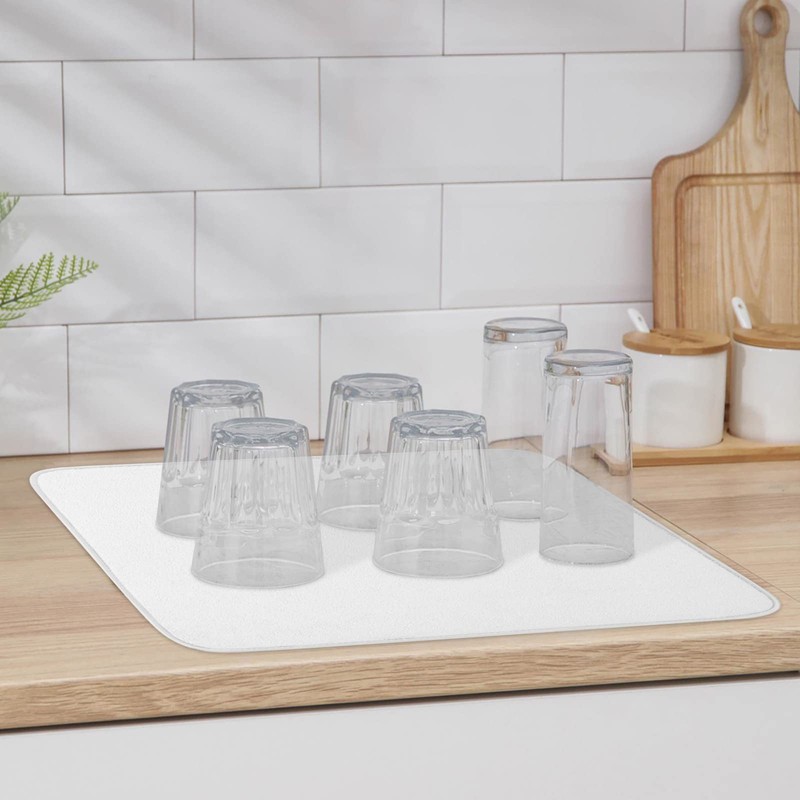 Solid White Dish Drying Mat for Kitchen Counter, Microfiber Rack