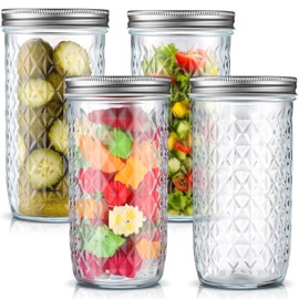 Patelai 24 oz Vintage Mason Jars, 4 Pack Wide Mouth Mason Jars with Airtight Lids, Glass Diamond Texture Canning Storage for Pickling, Fermenting, Storing, Salad Jam DIY Crafts Home Decor