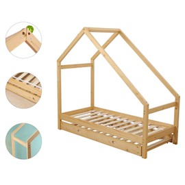 UHOM Children Premium Wood Bed Toddler House Frame Bed Tent Floor Double Bed Bedroom Furniture