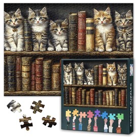 Puzzles for Adults 1000 Pieces, Cute Kittens Jigsaw Puzzles, Bookshelf Puzzle, Antique Books Jigsaw Puzzle, Educational Fun Games or Toys for Elders Friends 20X27 INCH