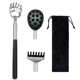 1 x Removable Back Scratcher with 2 Replacement Heads and 1 x Storage Bag, Retractable Stainless Steel Massager, Portable Device Against Itching (21-59 cm)