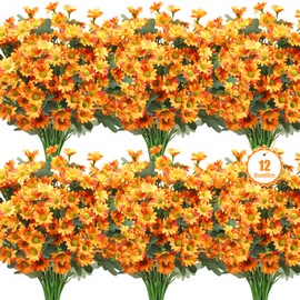 Ouddy Decor 12 Bundles Artificial Fall Flowers for Decoration, Fake Mums Silk Daisy Flowers UV Resistant Faux Plants for Outdoor Indoor Garden Fall Autumn Harvest Thanksgiving Home Decor, Orange