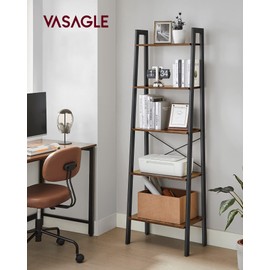 VASAGLE Ladder Shelf, 5-Tier Bookshelf, Storage Rack, Bookcase with Steel Frame, for Living Room, Home Office, Kitchen, Bedroom, Industrial Style, Rustic Brown and Ink Black ULLS45X