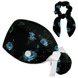 Blue Rose Scrub Caps Women with Button Adjustable Hats Surgical Bouffant Caps for Women with Hairband