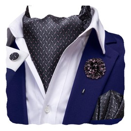 Hi-Tie Silk Ascot for Men Self Tie Men's Cravat and Flower Lapel Pin Handkerchief Cufflinks Set for Wedding Party, Grey and Pink Plaid, Medium