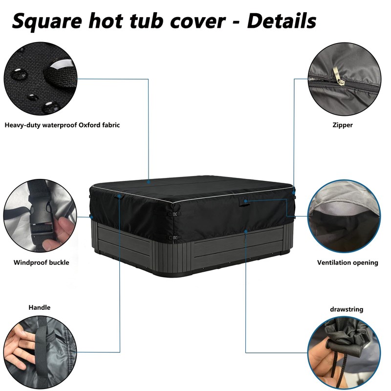 XCZ Heavy-Duty 600D Waterproof Square Hot Tub Cover - 96"