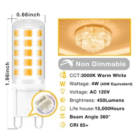 DAYBEETER 12 Pack G9 LED Bulb 4W (40 Watt Equivalent), 3000K Soft Warm White, T4 Halogen Bulb G 9 Bi-pin Base Bulbs for Chandelier,120V 450LM 360 Beam Angle for Home Lighting, Non-Dimmable G9 Bulb