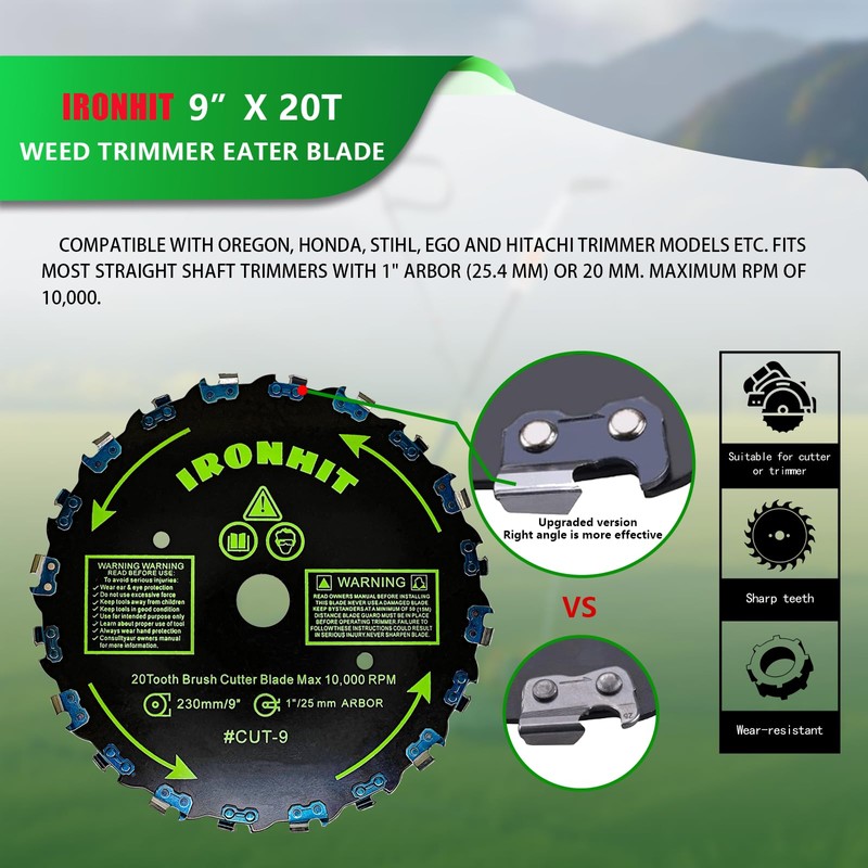 IRONHIT 9" x 20T Chainsaw Brush Cutter Blades, WeedEater Blades,