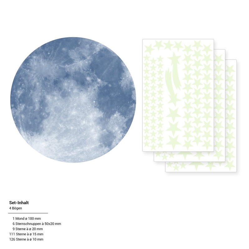 WANDKINGS Luminous Stickers Moon in Set with 250 Stars –