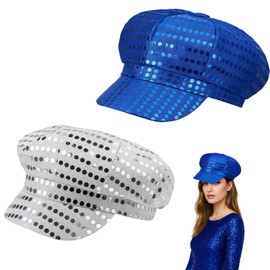 YREYBN 2 Pack Abba Accessories, Retro Disco Hat for Women, Shiny Sequined Caps for Costume Parties, Music Festivals, Nightclub Outfits, Silver and Blue