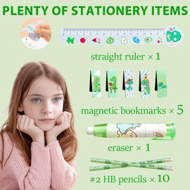 Green Dinosaur School Supplies,Cute Back to School Supplies,Kawaii Stationery Christmas Birthday Gifts,Includes Sticky Notes,Pencil,Eraser,A5 Notebook,Stickers,ID Badge Holder,Ruler