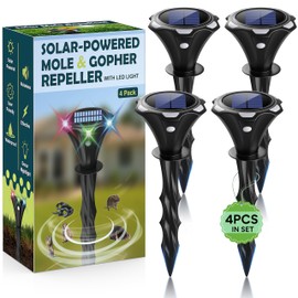 Solar Mole Repellent Ultrasound, Gopher Repeller with LED Night Light, Vole Repeller Outdoor Waterproof, Snake Chipmunk Sonic Spike Stakes in Yard, Lawn, Garden, 4 Pack, Black