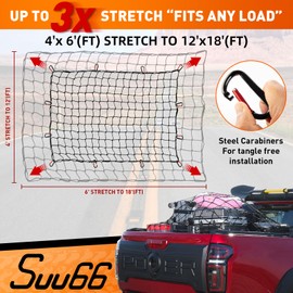 Suu66 Heavy Duty Cargo Net for Pickup Truck Bed - 4' x 6' Stretches to 12' x 18' - Sturdy Latex Bungee Net Mesh - with 12 Metal Carabiners - Truck Bed Accessories for Dodge RAM, Ford, Chevy, Toyota