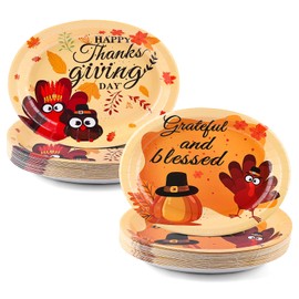 FATLBSEV 60PCS Thanksgiving Oval Paper Plates -10" x 12" Heavy Duty Party Plates for Fall and Thanksgiving Party