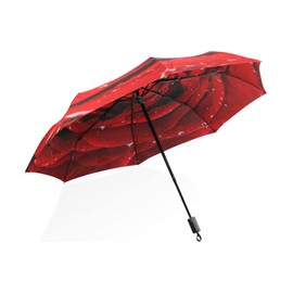 Fresh Red Rose Bud Petals with Water Unisex Manual Folding Rain Umbrella, Foldable Durable Sun Parasol, Collapsible Compact Windproof Portable Umbrellas for Travel