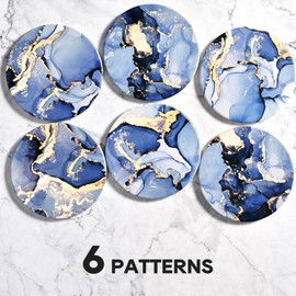 CoColemon Navy Blue Absorbent Coasters Set of 6, Marble Abstract Coaster with Holder, Home Coffee Table Décor for Women, Cute Cork Coasters for Drinks