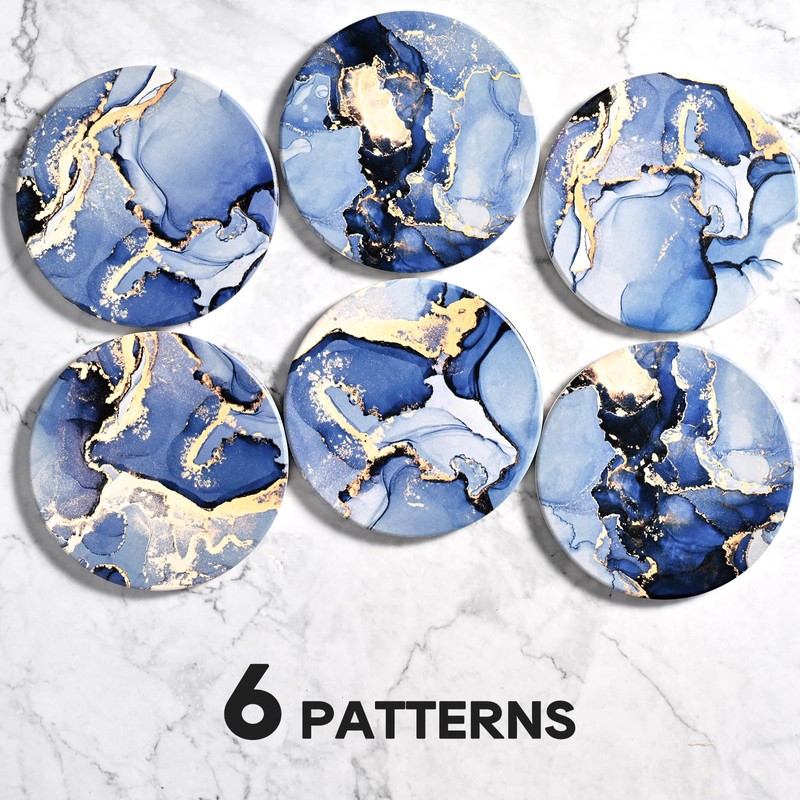 CoColemon Navy Blue Absorbent Coasters Set of 6, Marble Abstract