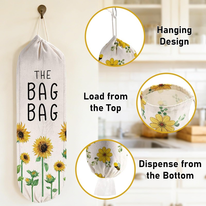 2Pcs Sunflower Plastic Bag Holder for Kitchen Essentials, Reusable Hanging